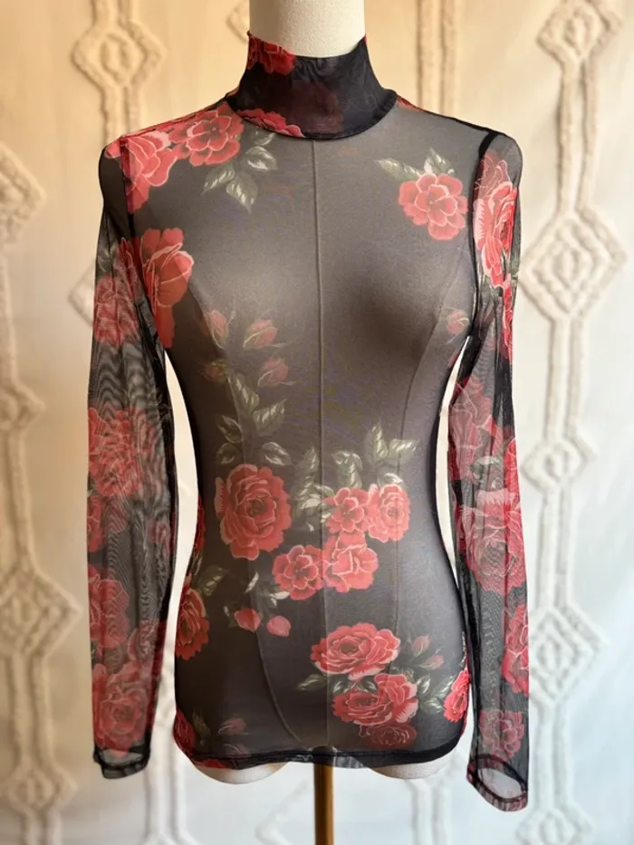 Top col montant en mesh noir transparent à fleurs rouges – style grunge Y2K 36/38 - photo numéro 2