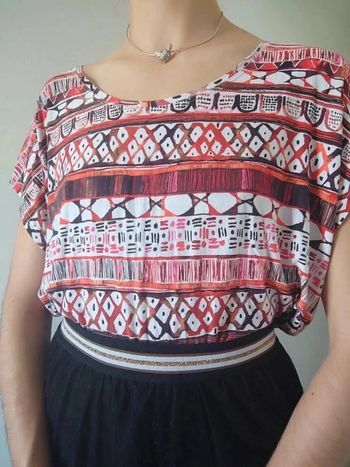 Tee-shirt imprimé aztèque rouge blanc noir / Christine Laure - 38/M oversize à 46/XXXL