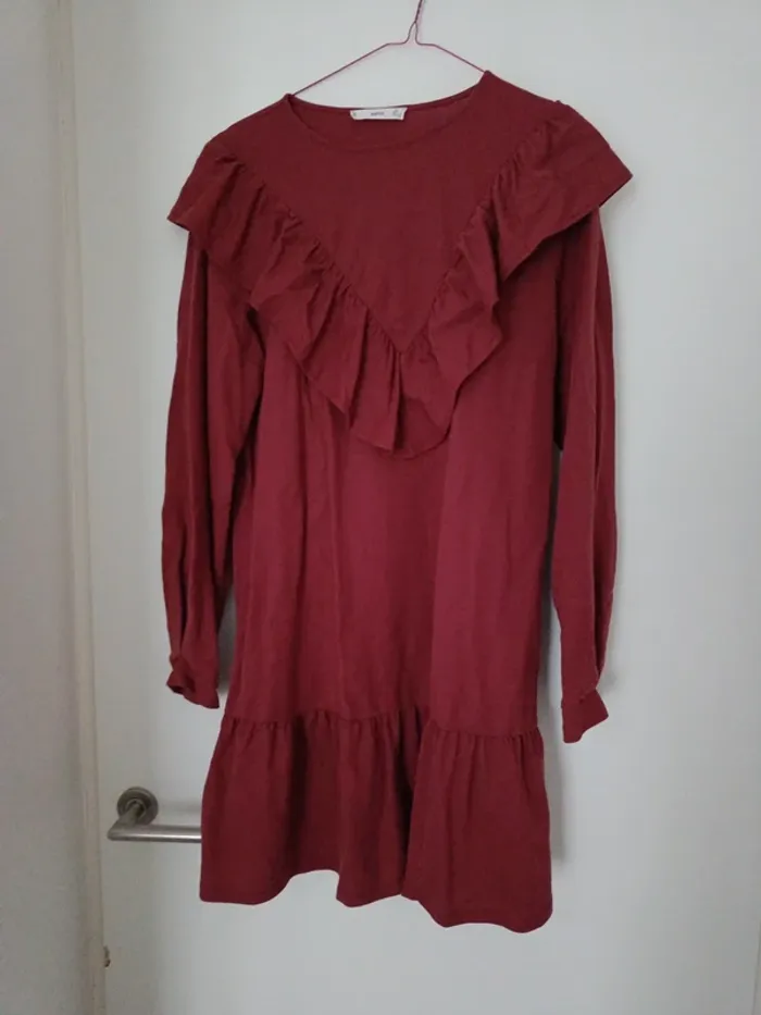 Robe rouge brique Mango L manches longues grand col devant et dos