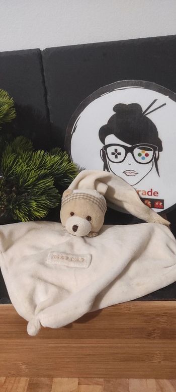 Doudou plat ours blanc vichy beige baby nat bonnet nuit ancien vintage carré