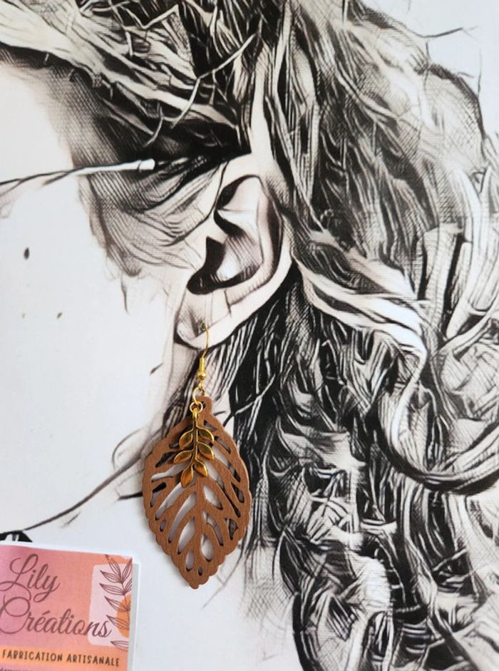 Boucles d'oreilles feuilles en bois (marron) et dorées LC327 - photo numéro 2