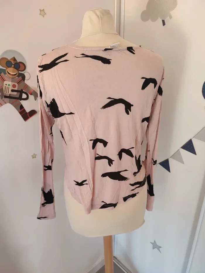 T-shirt fluide rose noir H&M léger oiseau XS - photo numéro 4