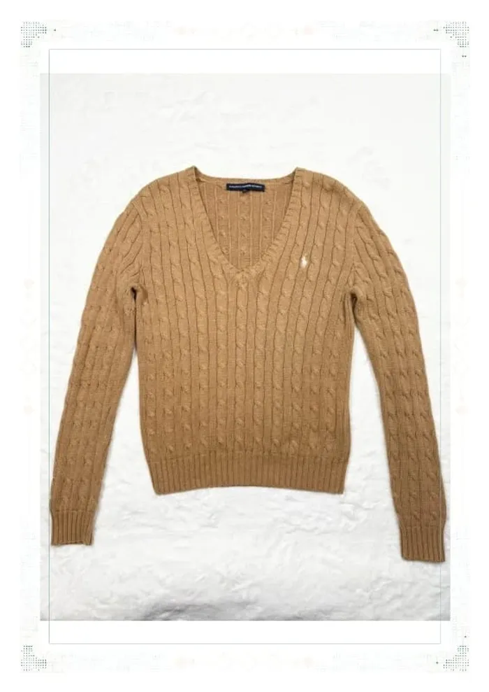 Ralph Lauren pull col V torsadé beige femme taille L coton - photo numéro 2