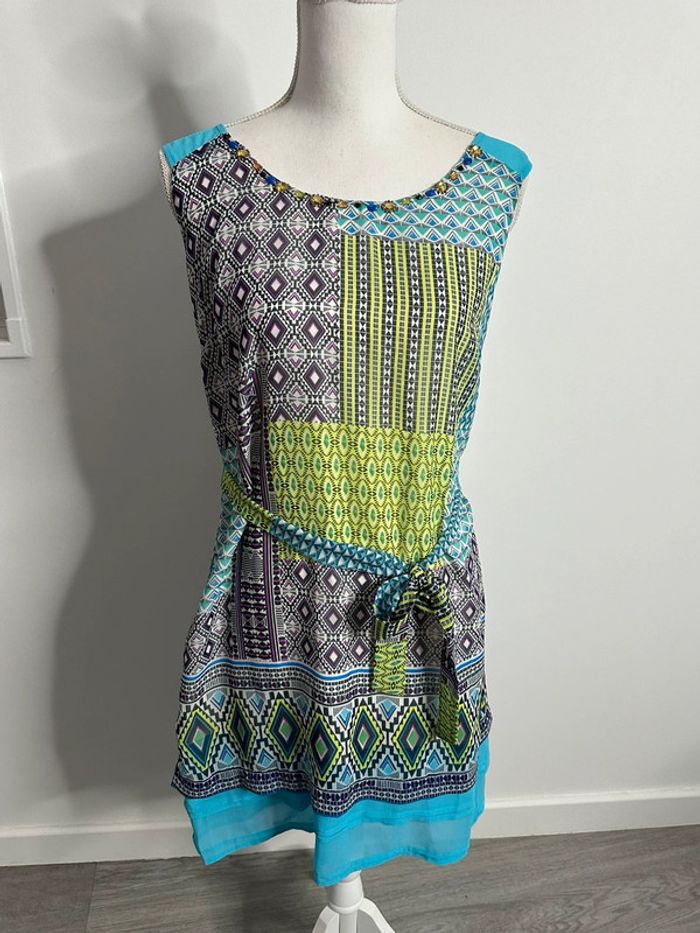 Robe bariolée géométrique verte et bleue Derhy T36 S