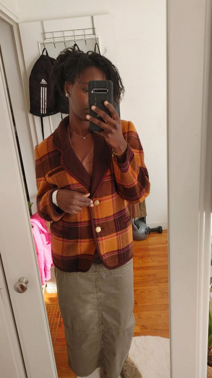 Veste en laine vintage oversize carreaux orange brun marron - photo numéro 5