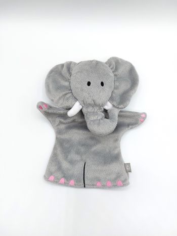 Doudou peluche marionnette éléphant Oxybul éveil et jeux gris blanc rose