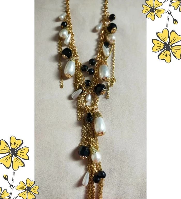 Collier chaîne dorée à pampilles noires & perles nacrées - photo numéro 6