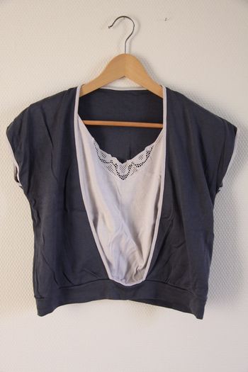 Vintage haut bi-matière bleu et blanc (avec broderies)