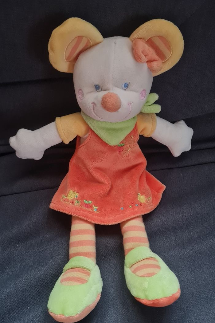 Doudou peluche souris- Robe orange- poussins - Mots d'enfants