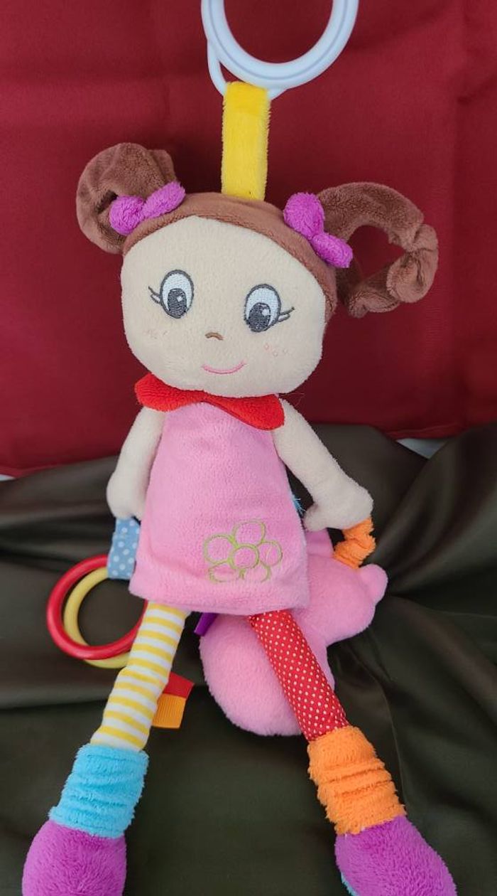 Doudou poupée fille rose rouge jaune orange anneau chat BABY NAT - photo numéro 3