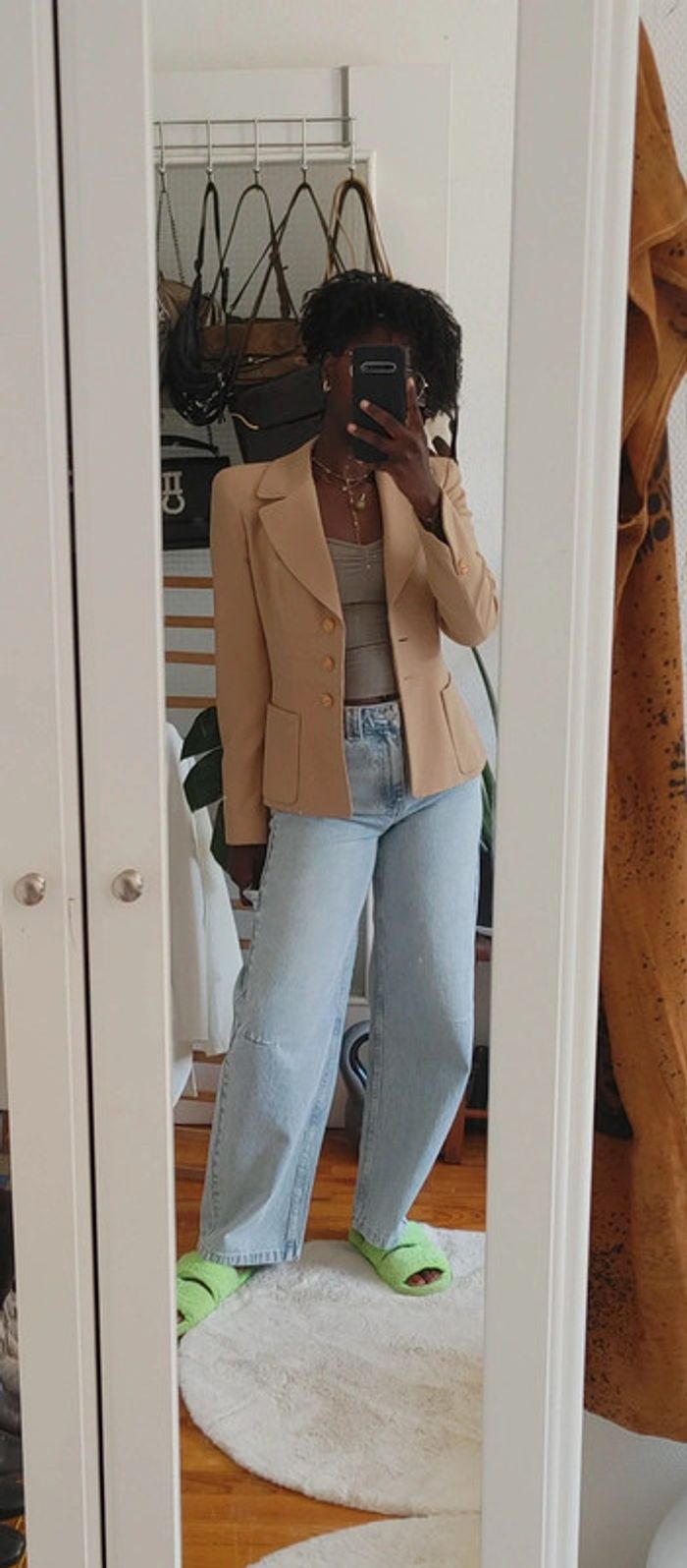 Magnifique Veste blazer cintrée en laine beige or épaules chic vintage - photo numéro 2