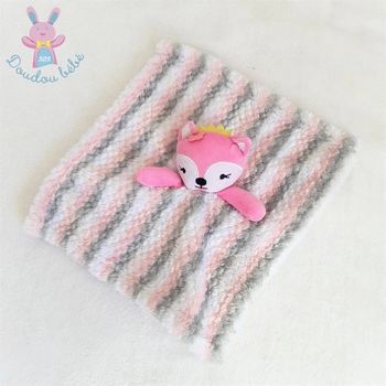 Doudou plat Renard rose couronne jaune rayé gris blanc Mix Doudou