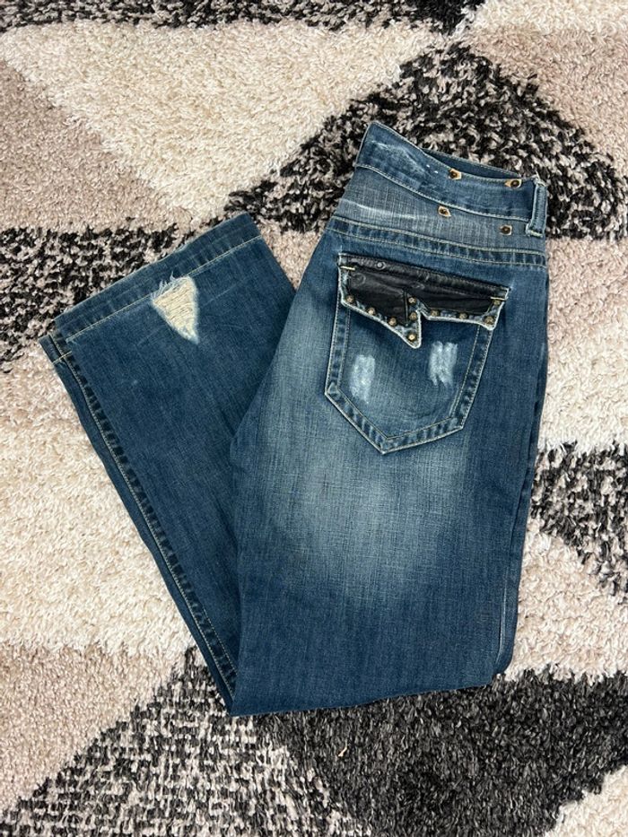 Jean large Y2k opium avec poches en cuir taille 33 bleu marine Denim jean japonais - photo numéro 1