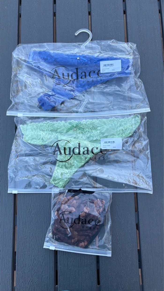 Lot de 3 tanga et string bleu, vert et marron Audace taille L