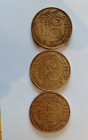 Lot de pièces Marianne de 20 centimes de francs de 1967 68 69