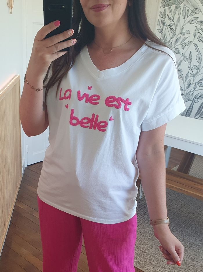 T-shirt La vie est belle blanc/fushia Taille unique - photo numéro 3