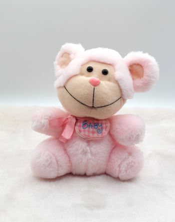 Vintage Peluche ancien doudou singe rose Geoffrey Toys are Us 1989 bavoir baby 23 cm