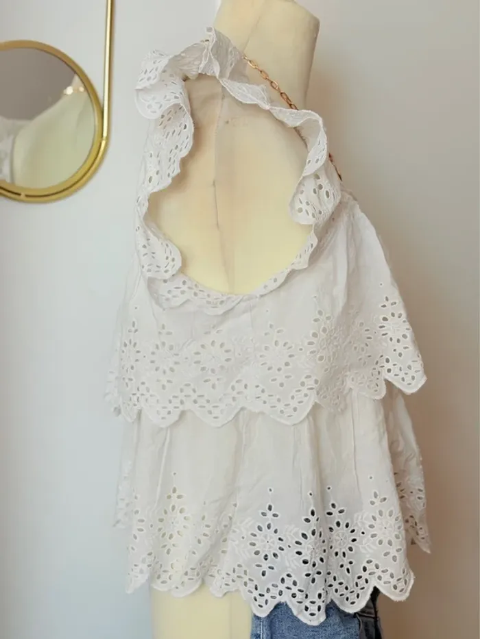 Jolie blouse à volants et broderie anglaise col carré devant et dos Camaïeu t44 - photo numéro 4