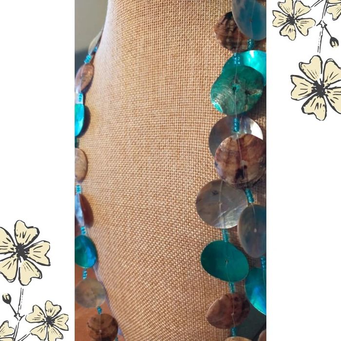 Parure collier long & boucles en nacre bleu et marron – style bohème - photo numéro 14