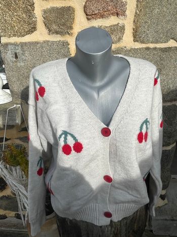 Cardigan en maille gris clair cerise broder - Boutique indépendante 