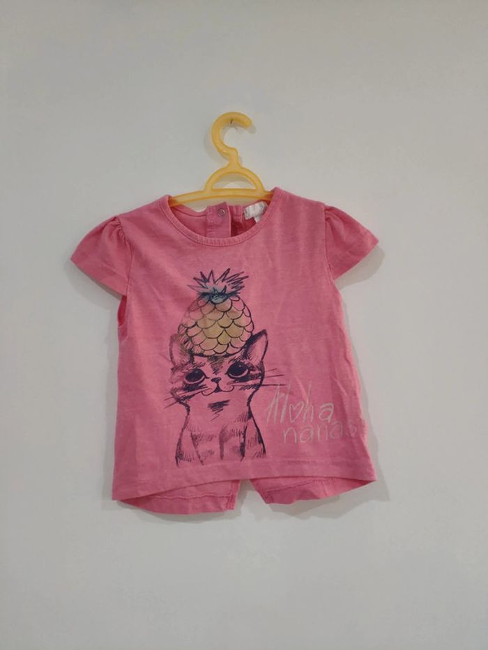 T shirt été léger rose chat ananas