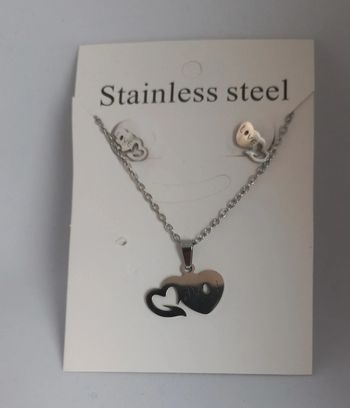Parure collier et boucles d'oreilles acier inoxydable femme adolescente ado coeur love