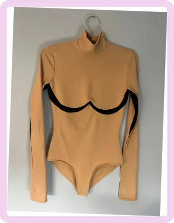 Body Vivons beige & noir – taille M – manches longues, chic graphique