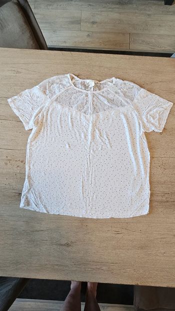 Blouse blanche à manches courtes avec points bleus et dentelles, H&M, M, nickel