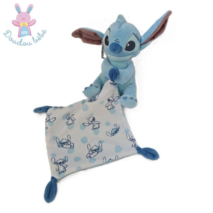 Doudou Stitch bleu mouchoir bleu et blanc DISNEY