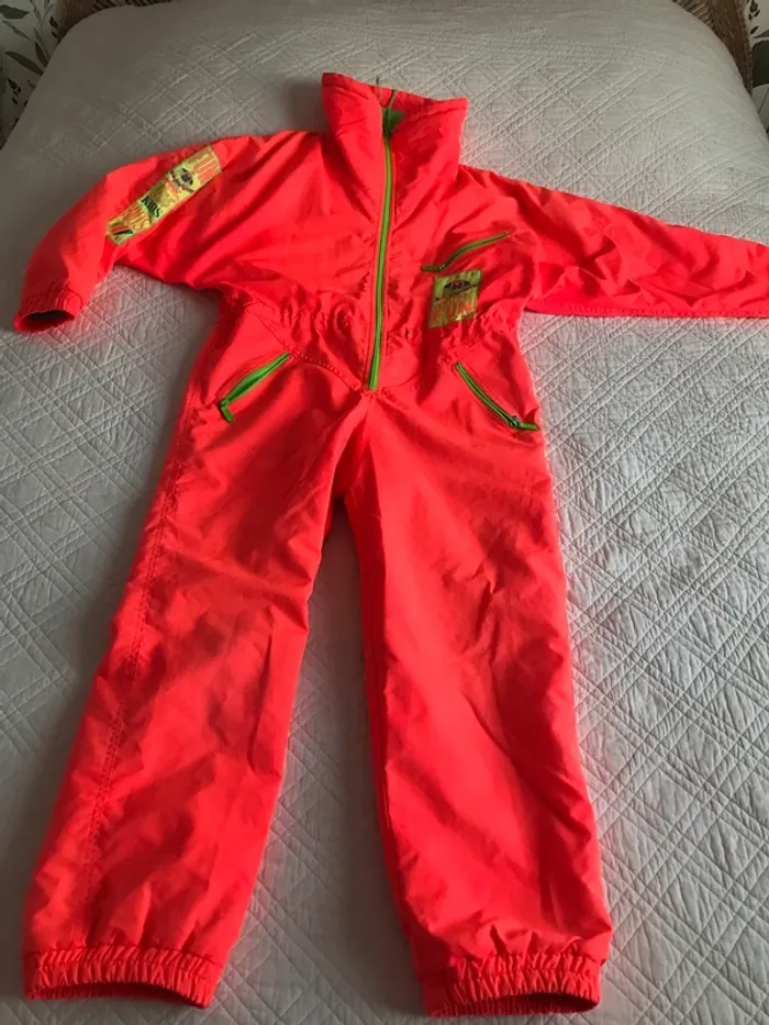 Salopette combinaison de ski rétro vintage orange fluo années 80 xs ou 12 ans