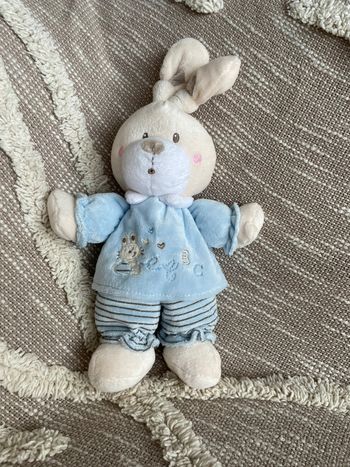 Peluche doudou 28cm Nicotoy lapin blanc et bleu rayé très bon état