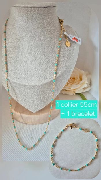 Lot de 2 bijoux en acier inoxydable perles turquoises 🌸 1 collier 55cm et 1 bracelet