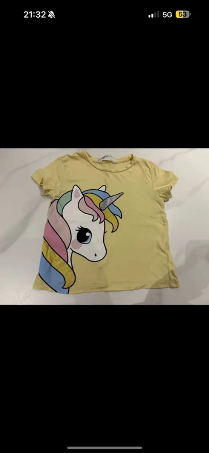 T-shirt manches courtes jaune licorne H&M 98/104 cm