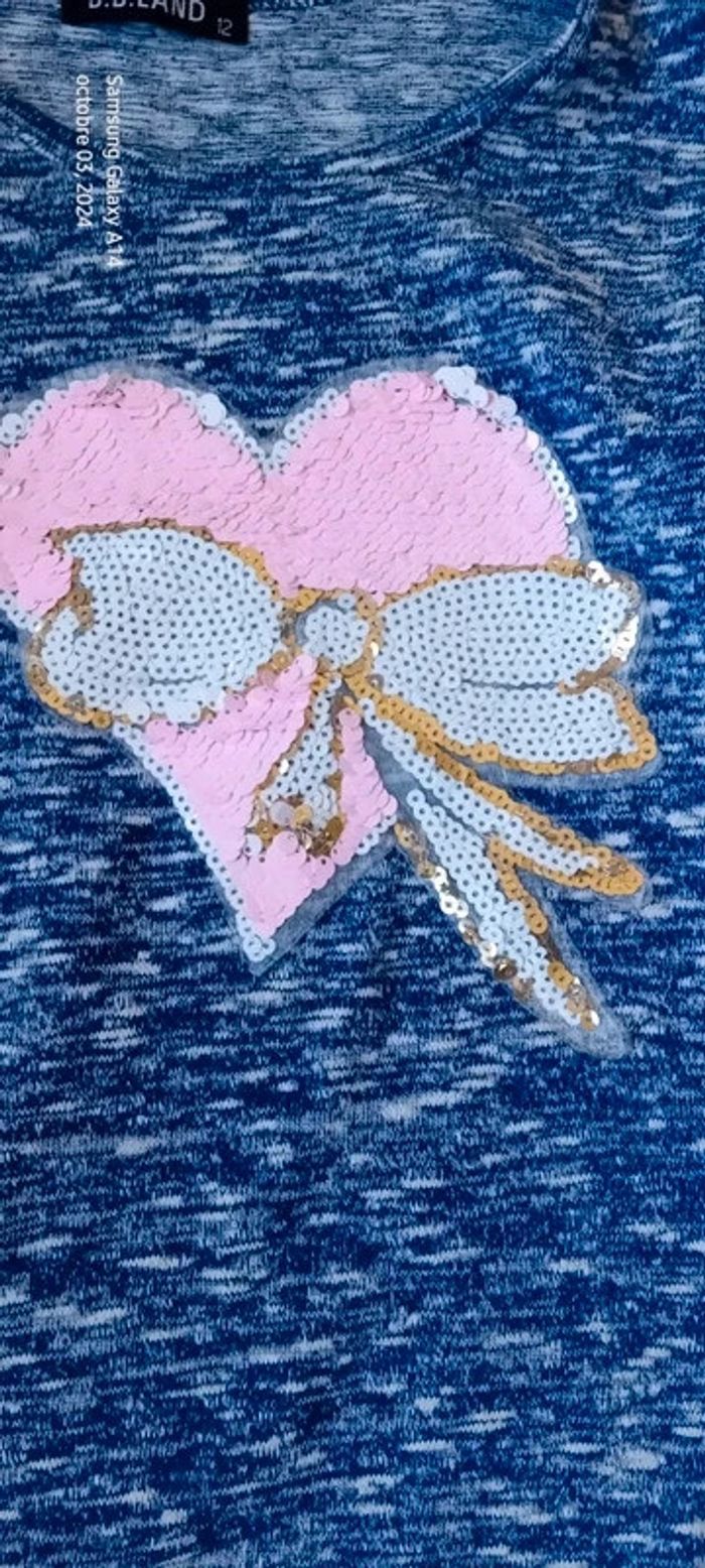 Pull fin motif cœur et noeud en sequins bleu fille 12 ans BB.Land - photo numéro 3