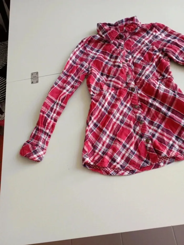 Chemise rayée à carreaux tissaia 12 ans rouge à pression - photo numéro 3
