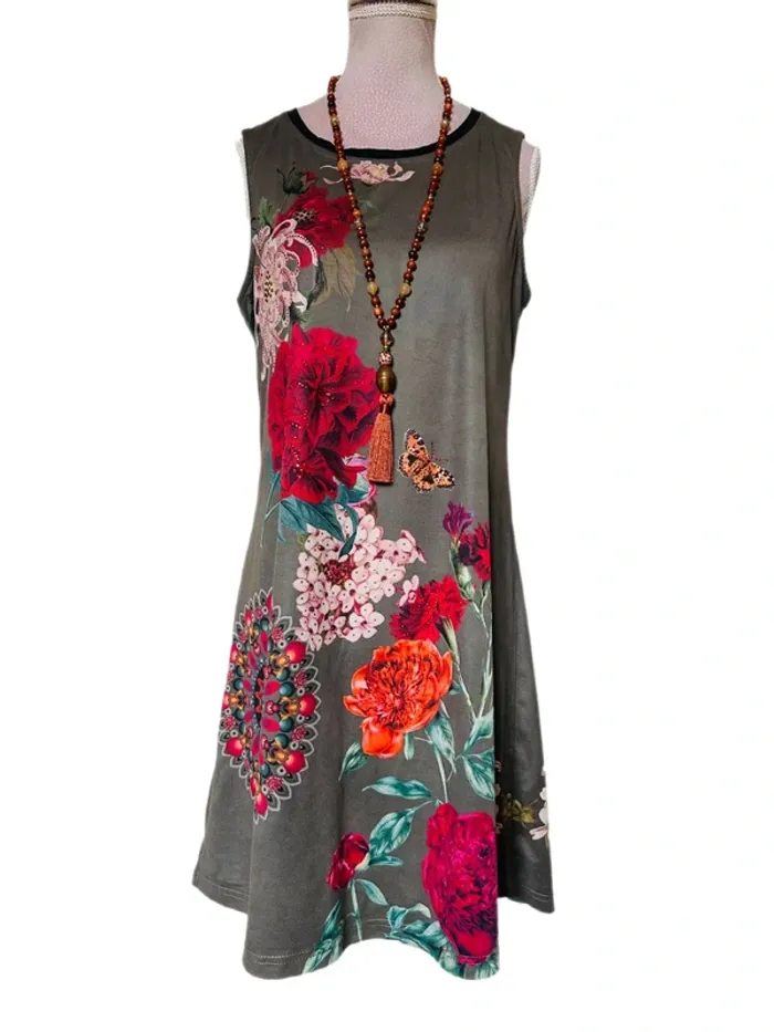 🌺🍁Robe vintage automnale kaki fleurie bohème chic S/M Autumn dress floral beaded details🍁🌺 - photo numéro 3