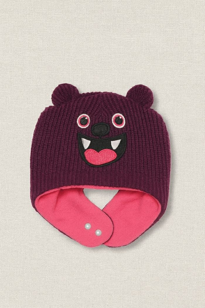 Bonnet chaud bébé fille violet avec oreilles & visage rigolo – doublé polaire