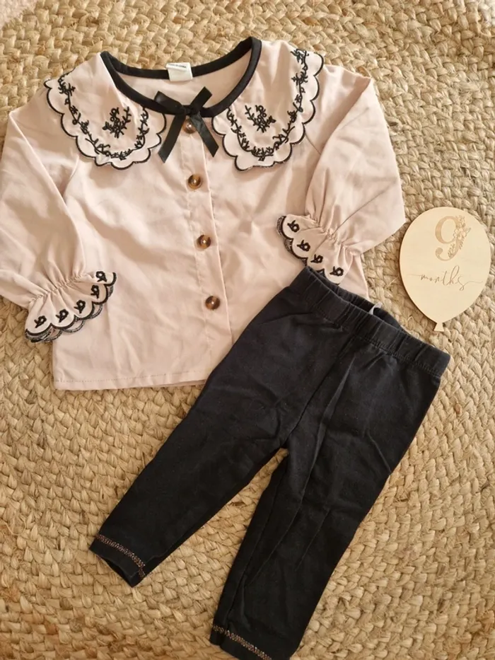 Ensemble blouse col claudine et legging noir shein bébé fille 9 mois