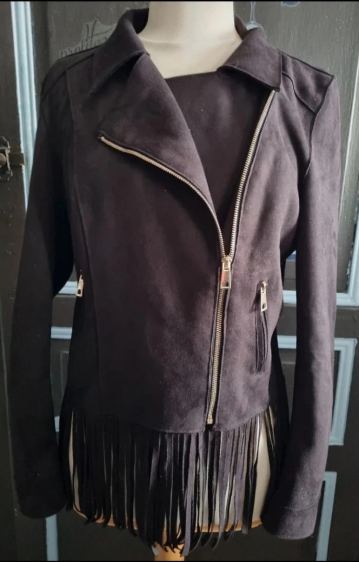 Veste noir à franges taille 42 effet daim au touché - photo numéro 4