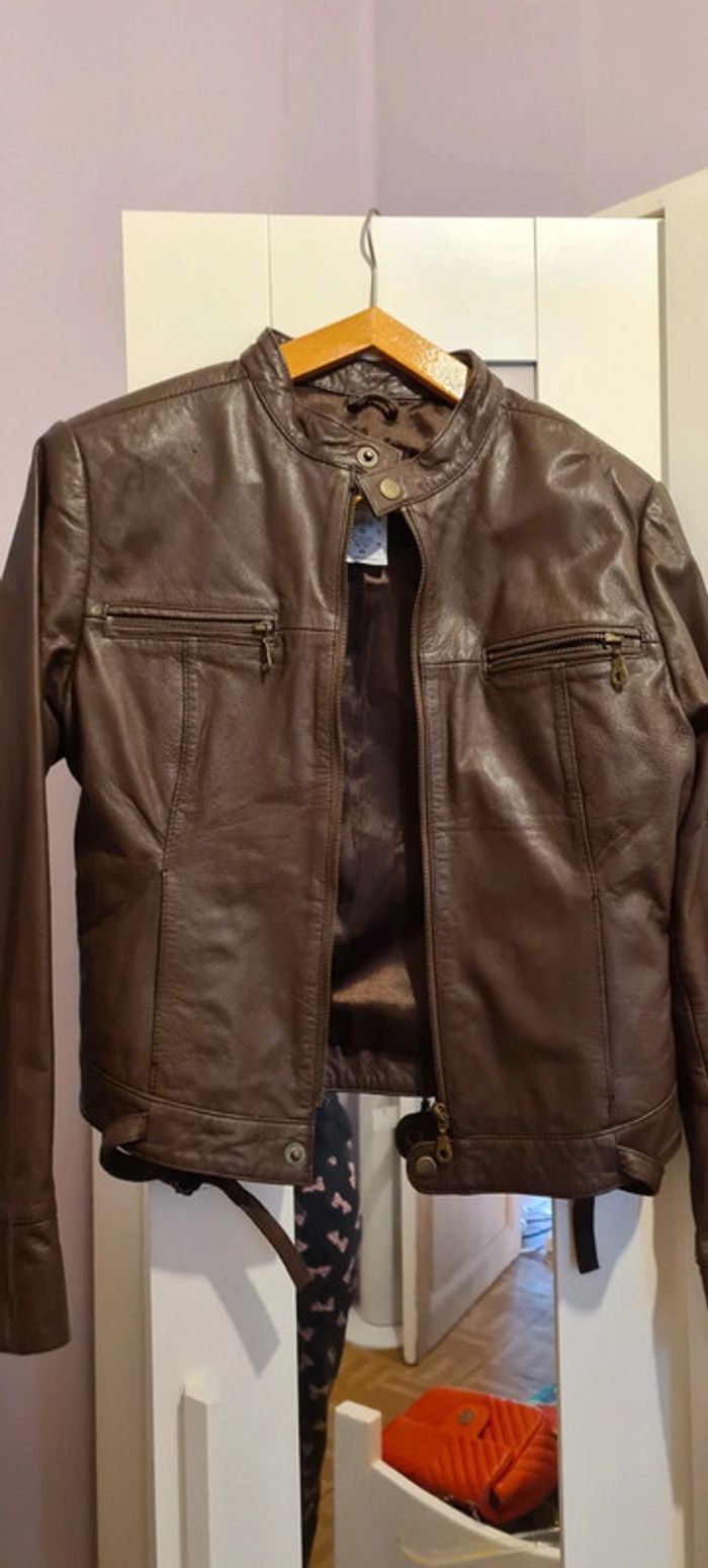 Veste biker tout cuir marron doublé t 36 neuf Soft Grey - photo numéro 3