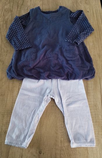 Ensemble fille robe t-shirt manches longues violet à pois legging parme 12 mois Grain de blé