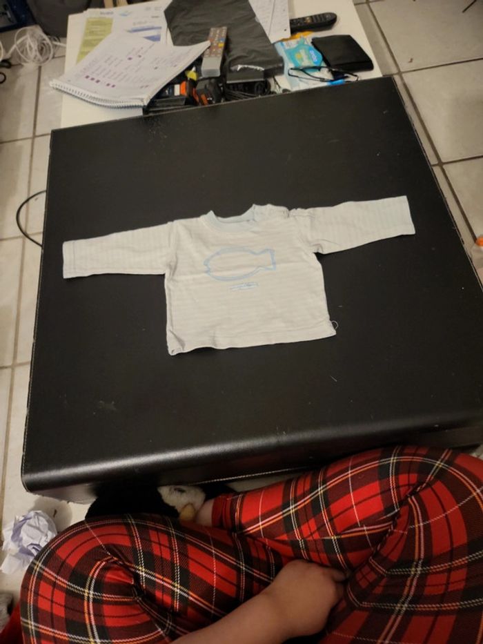 Tee-shirt bleu pastel rayer poisson d'hiver 12M grain de blé