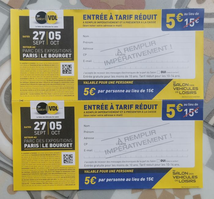 Entrées à tarif réduit 59ème SALON DES VEHICULES DE LOISIRS du 27.09.2025 au 05.10.2025 neuves