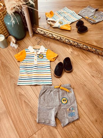Taille 6 mois ensemble 2 pièces d’été garçon orchestra gris bleu moutarde * ours rayures * 💙