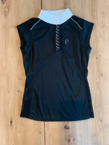 Polo  Sans  Manche  Equitheme  Noir, Taille  XXS,  Strass  sous  le  Col  Blanc, Très Bon État