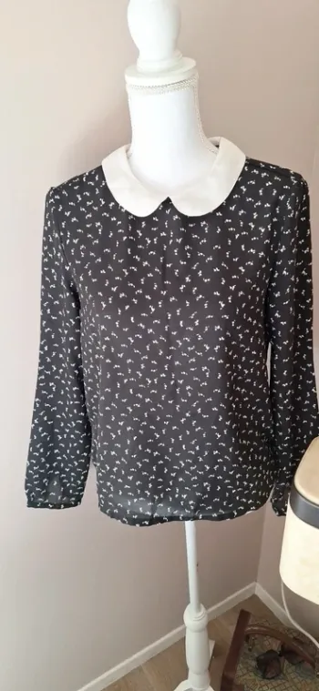 Blouse noires à petits motifs col Claudine t38 #F38M-123