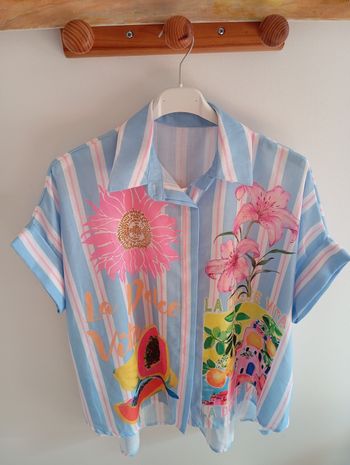 Chemise bleu lin viscose fleur taille L XL 