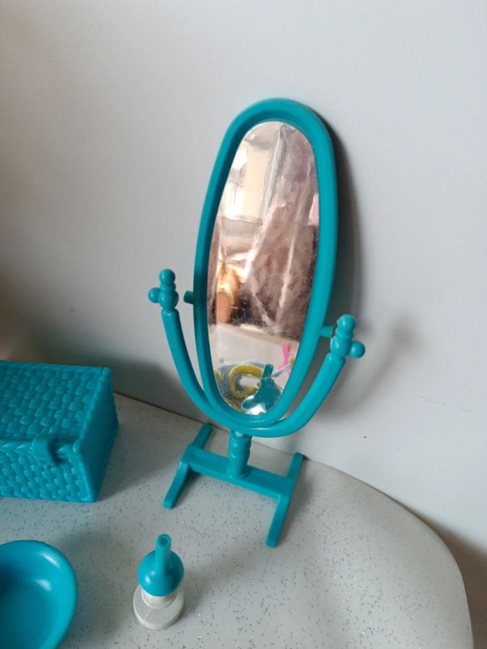 Meuble mobilier vintage glady famille delavannat poupée doll miroir table coffre lampe huile bleu - photo numéro 11
