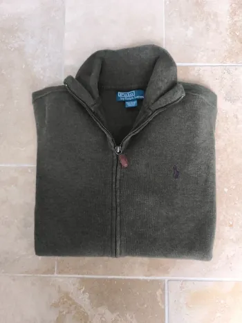 Pull zippé Ralph Lauren Kaki homme S excellent état logo bordeaux