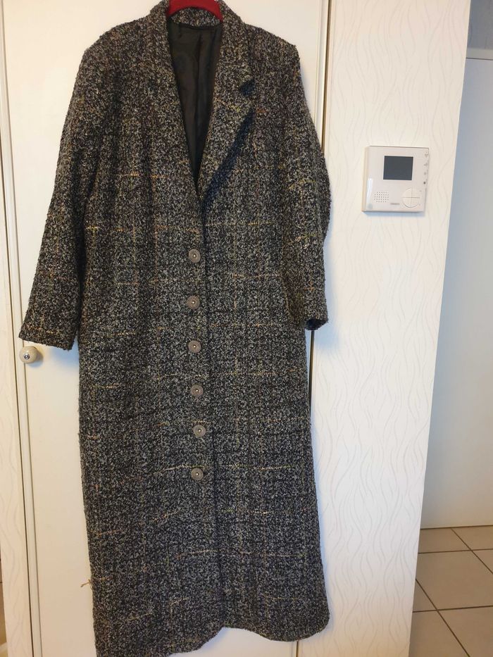 Très long manteau caban gris chiné